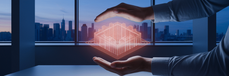 Hands protecting a holographic architectural model.