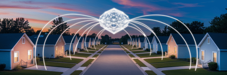 Glowing lines connecting remote homes to a central hub