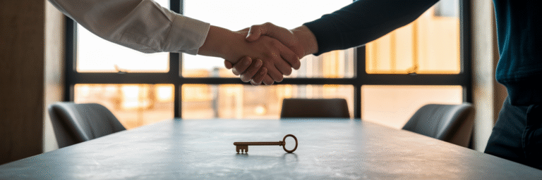 Hands shaking over desk with key