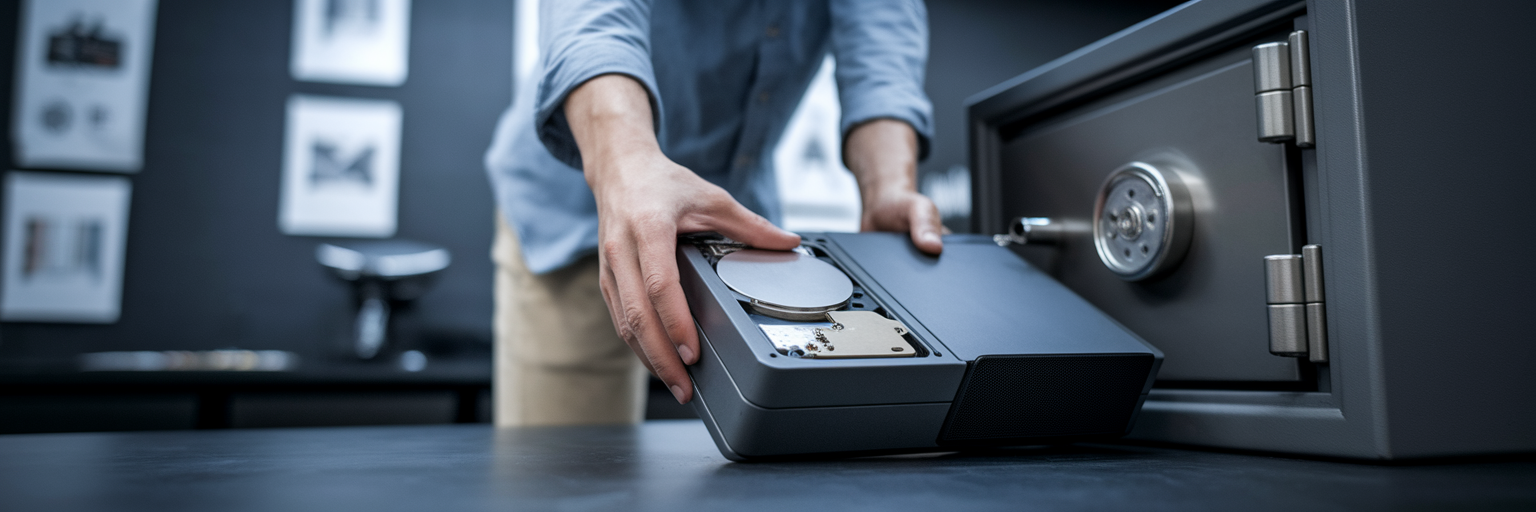 Person placing hard drive in safe.