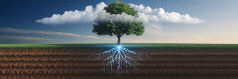 Strong tree with glowing digital roots.