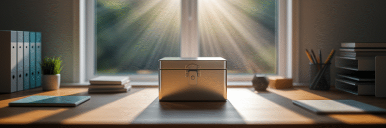 Secure locked box on clean desk.