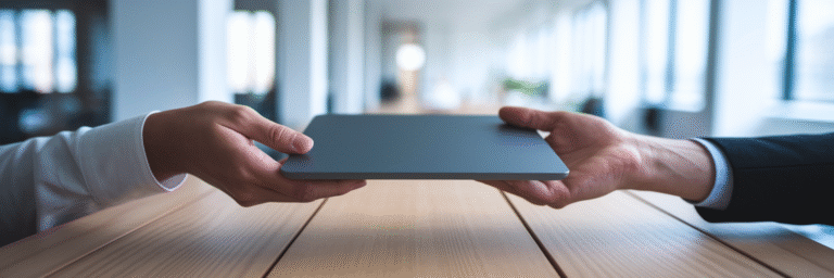 Professional securely handing over a tablet.