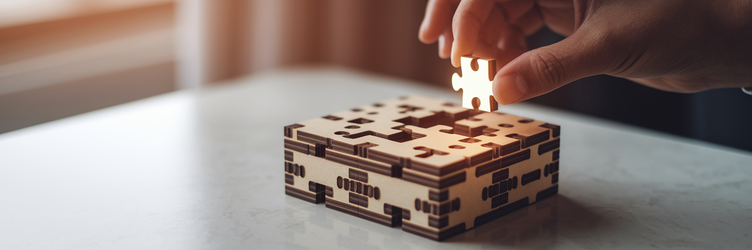 Hands placing glowing piece into puzzle box.