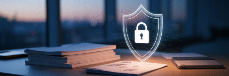 Glowing digital shield protecting business assets on a desk.