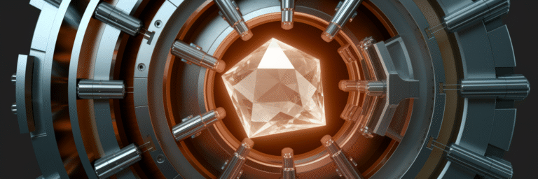 Glowing crystal placed in secure vault.