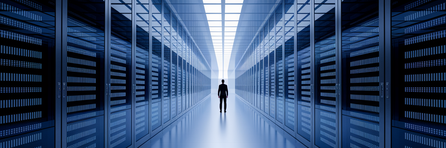 Person in vast modern data archive hall.