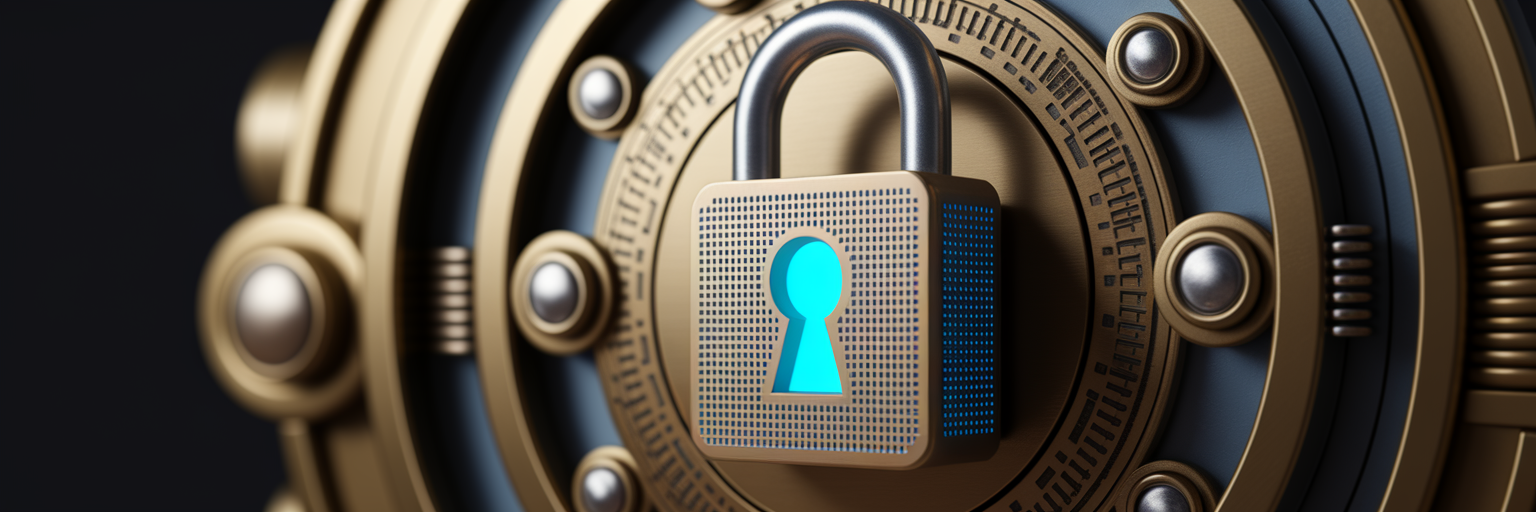 Antique lock glowing with blue digital light.