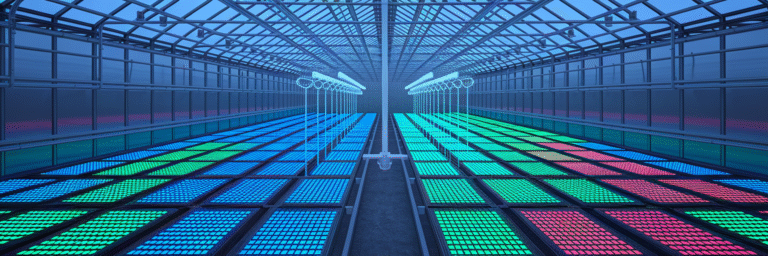 Organized greenhouse with glowing data streams.