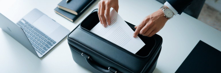 Professional securing a document in a briefcase.