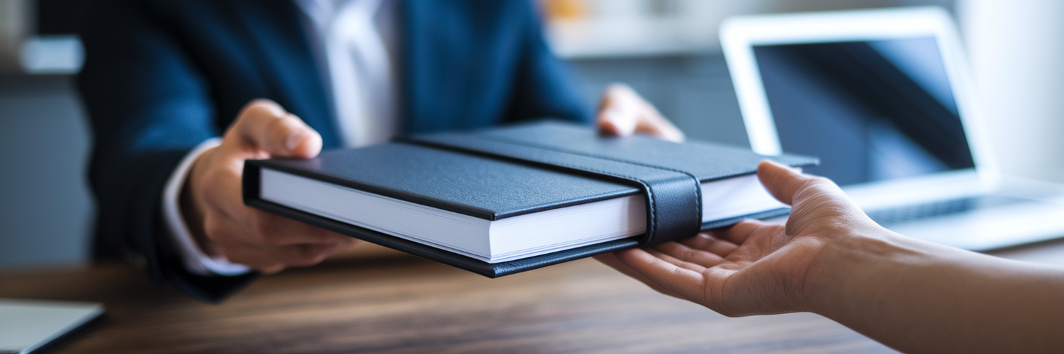 Professional handing a secure portfolio to a client.