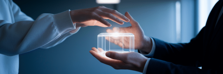 Hands securely exchanging a glowing box.